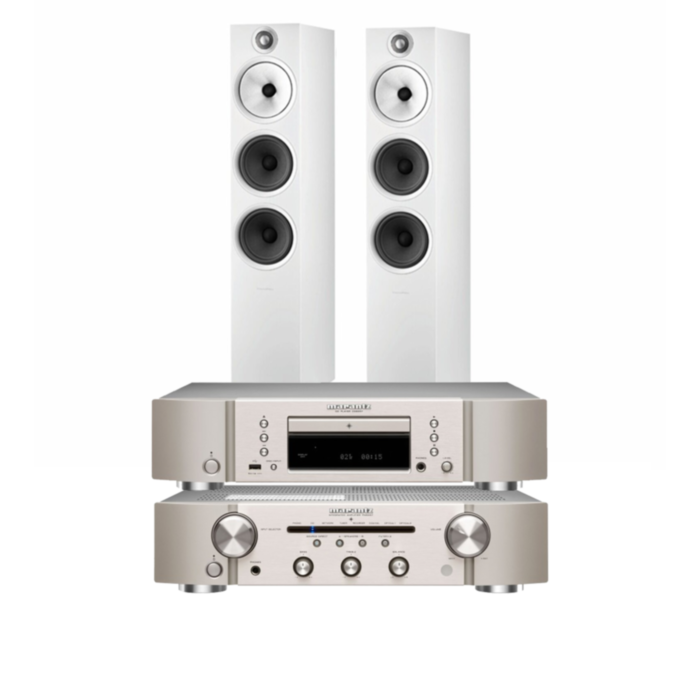 Marantz PM6007 Integrated Amplifier & CD6007 CD Player Bundle Silver With  Bowers & Wilkins 603 S2 Anniversary Edition Standmount Speaker - White