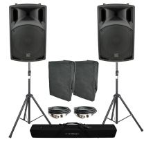 QTX Twin QX15A Speaker Bundle With Covers & Stands